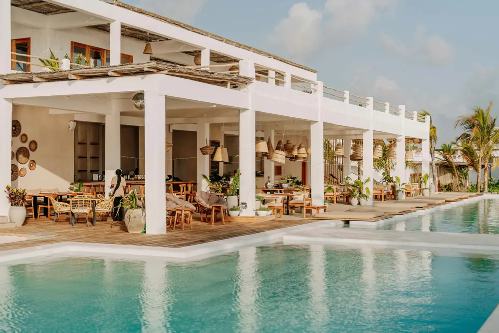 Poolside terrace at a resort